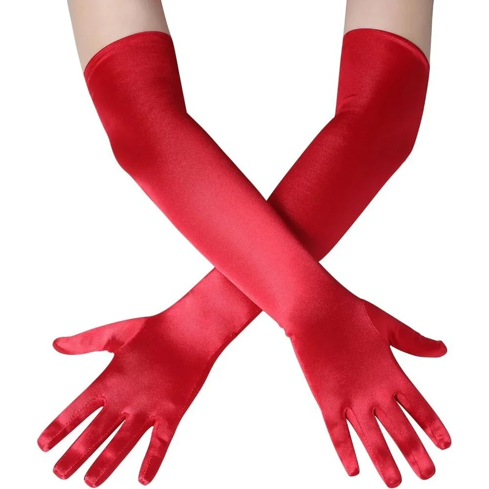 Women's Red Vintage Satin Long Gloves Party Costume Stretchy Elbow Length